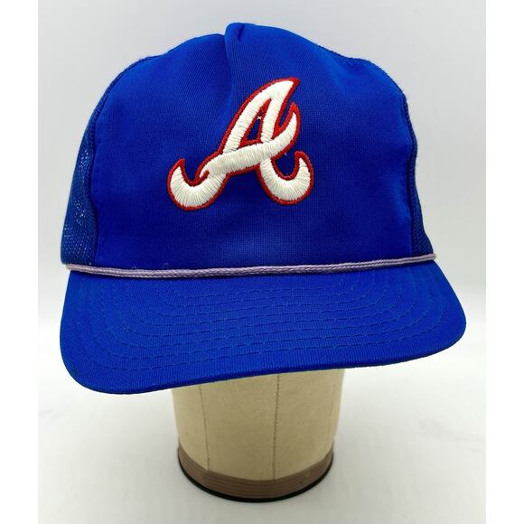 Vintage 1990s Atlanta Braves Hat Cap Snapback Blue Red Mesh Baseball Twins Logo - Picture 2 of 10